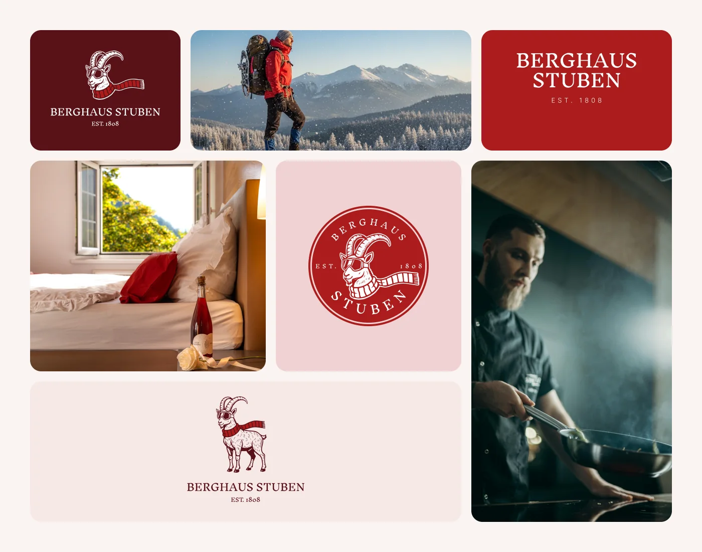 Brand overview: logos, emblem and photos in a grid