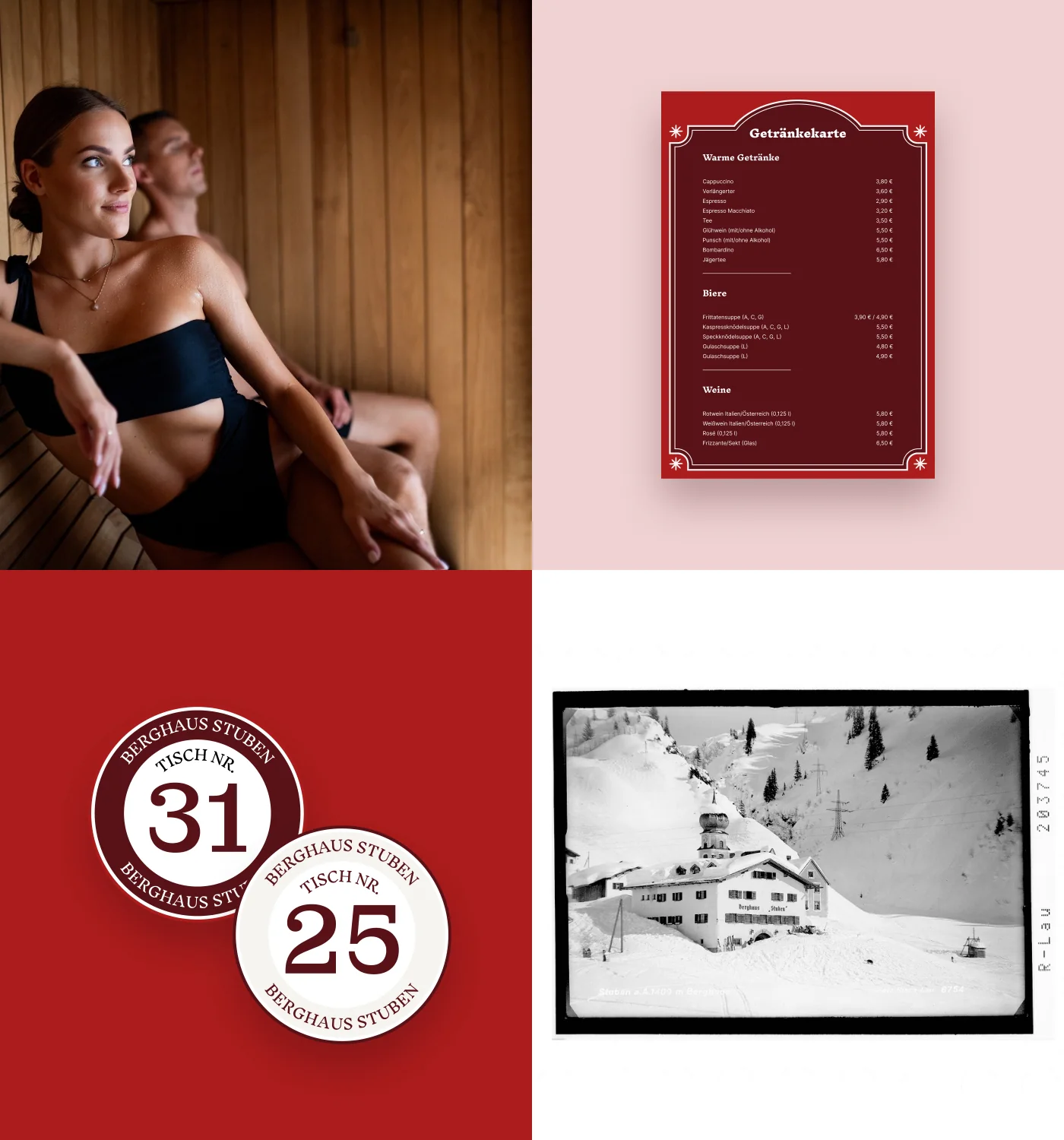 Sauna, drinks menu, table numbers and a historic photo