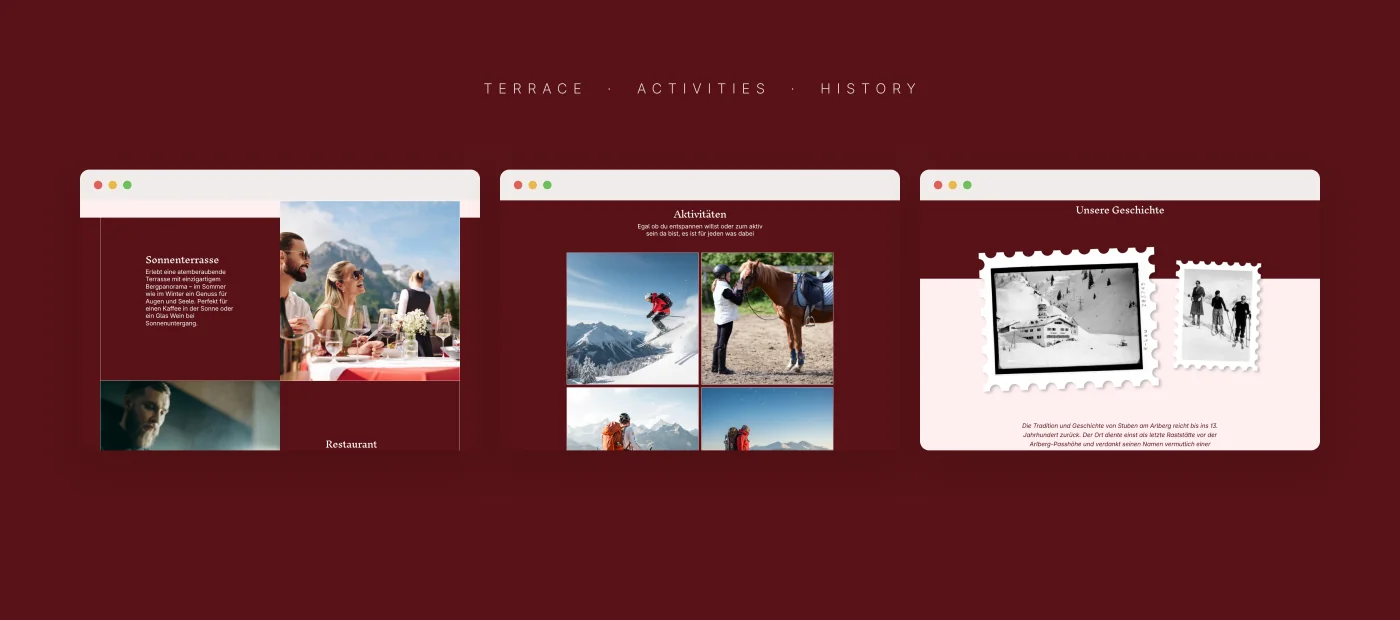 Website pages: terrace, activities, history