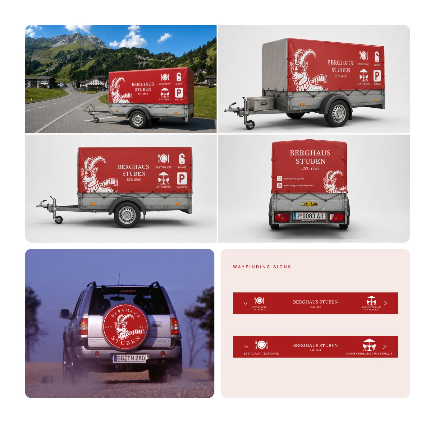 Trailer, spare wheel cover and wayfinding signs