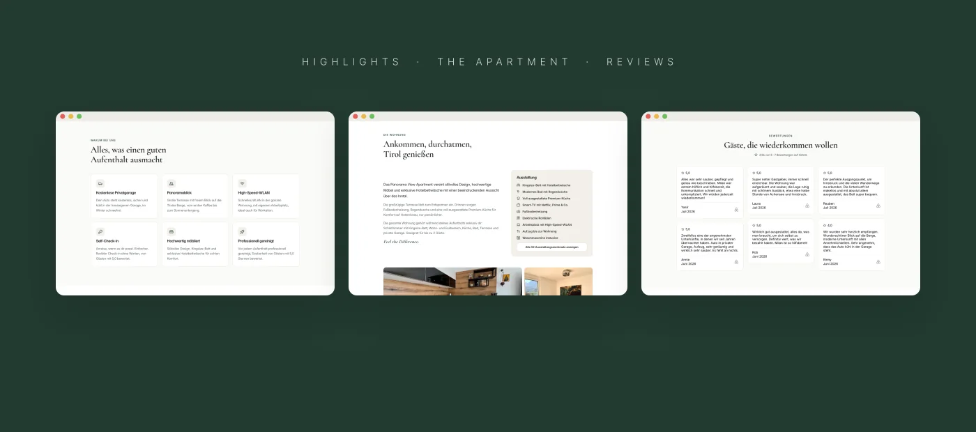 Website sections: highlights, apartment, reviews