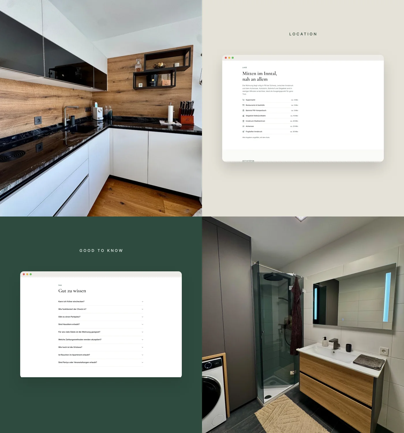 Kitchen, location section, FAQ and bathroom